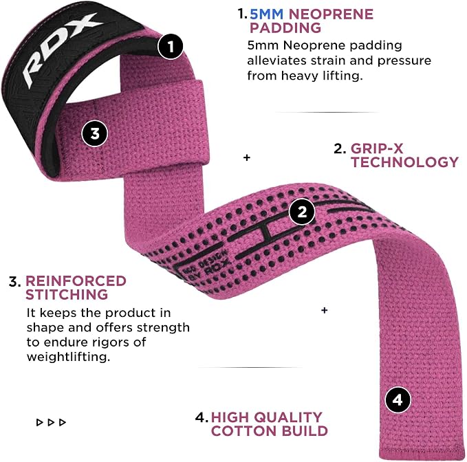 RDX Lifting Straps for Weightlifting –100% Cotton Heavy Duty Gym Wrist Strap with 5MM Neoprene Padding, 60CM Anti-Slip Hand Grip Wraps for Deadlifts Powerlifting Workouts Strength Training, Men Women