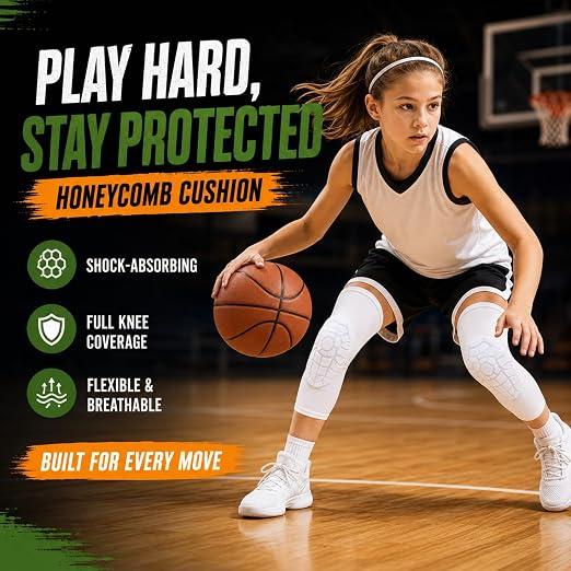 AceList Kids Knee Pads for Youth Ages 4-15, Honeycomb Padded Knee Sleeves for Basketball Baseball Football Volleyball Wrestling Cycling, Anti-Slip Stay-Up Protective Gear, 1 Pair (Size S White)