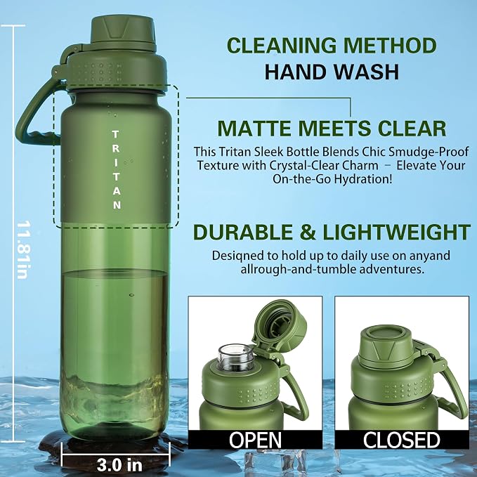 OLDLEY 32oz Water Bottle with Handle, BPA-Free Tritan Reusable Sports Water Bottle with Leak-Proof Dust Lid, Wide Mouth, Cup Holder Friendly, Half Frosted Clear Bottle for Gym,Travel,Work,Olive Green