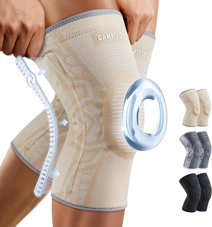 CAMBIVO Knee Brace for Men & Women, 2-Pack Compression Sleeve with Gel Pad | Patella Gel Pad with Side Stabilizers for Knee Pain Relief. Ideal for Running, Weightlifting & Arthritis, Workout, Daily Use