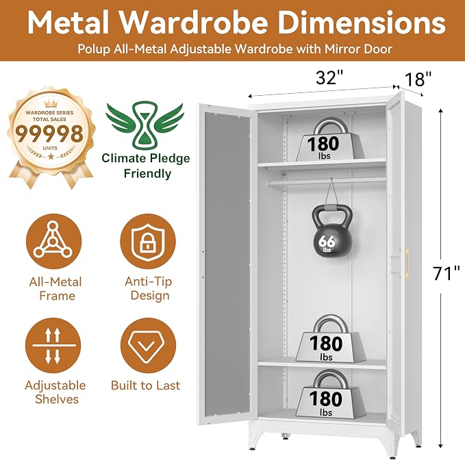 Polup Metal Armoire Wardrobe Closet with Mirror, 71" Tall White Cabinet | Heavy Duty Steel Clothing Storage Cabinet with Hanging Rod & Adjustable Shelves for Bedroom, Office, Gym, Garage, Armarios