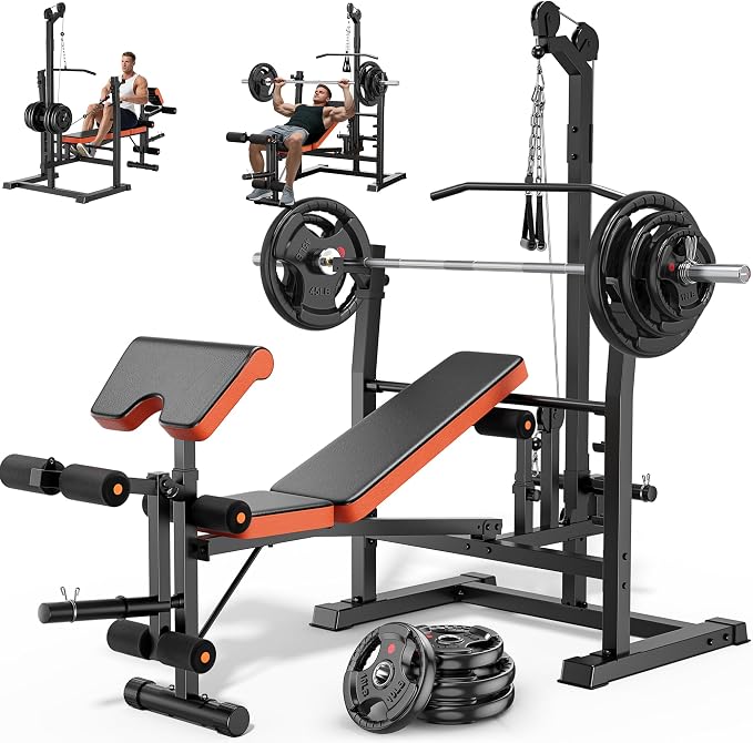 XDDIAS 9-in-1 Olympic Weight Bench Set with Lat Pulldown, Rowing, Squat Rack, Leg Extension/Curl, Preacher Pad, 900LB Adjustable Bench Press for Home Gym Weight Lifting Full-Body Workout