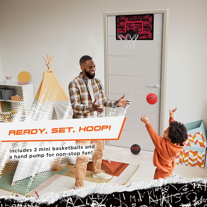 AND1 Over the Door Mini Basketball Hoop: 18x12 Shatterproof Backboard, 2 Mini Basketballs, and Hand Pump Included- Ultimate Indoor Basketball Accessory for Kids and Adults, No Tools Required