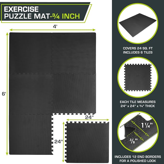ProsourceFit Weaved Pattern Extra Thick Exercise Puzzle Mat ¾-inch, EVA Foam Interlocking Tiles for Protective, Cushioned Flooring for Home and Gym Equipment; Black, 24 SQ FT, 6 Tiles