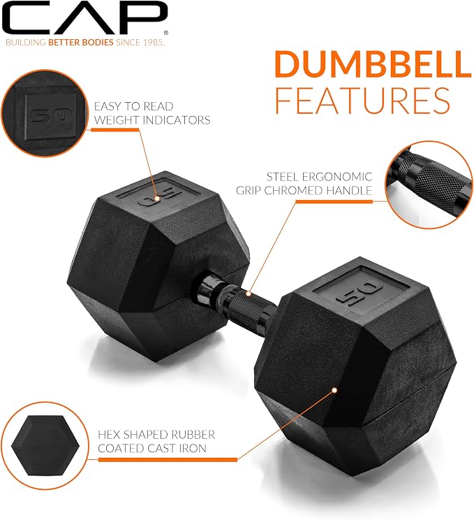 CAP Rubber Coated Dumbbell Weights, Free Weights for Home Gym Strength Training, Anti-Roll Hex Dumbbells with Black, Chrome & Comfort Grip Handles, Pairs & Sets