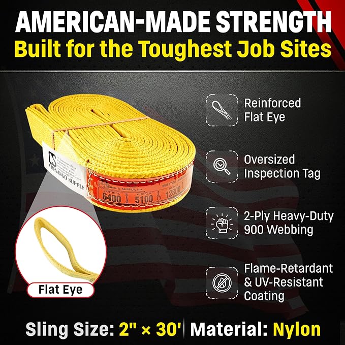 DD Sling 2 Inch x 30 Foot Nylon Lifting Sling – USA Made, 6,400 lb Vertical, 5,100 lb Choker, 12,800 lb Basket – 2-Ply Heavy Duty 900 Webbing, Type 3 Flat Eye & Eye Rigging Sling