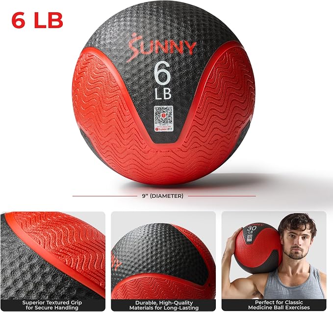 Sunny Health & Fitness 10 LB Medicine Ball with Premium Dual Textured Grip | 4-30LB Weighted Rubber Medicine Ball, Bouncing Wall Ball, Slam Ball Workouts, Throws Squats Core Strength Training