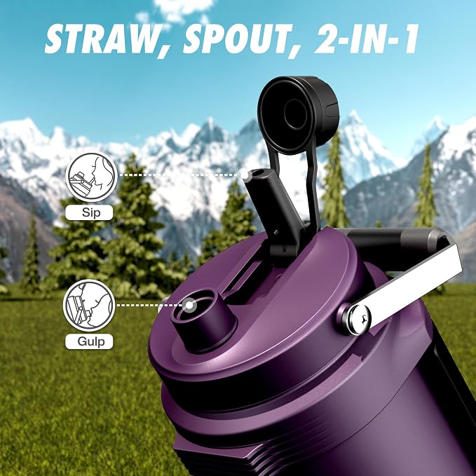 POWCAN 64 oz Insulated Water Jug, 2-in-1 Straw Spout Lid, Dual Handle, Leakproof, Keep Cold 48H, Half Gallon Stainless Steel Water Bottle for Daily, Hydration, Picnic, Travel, Gym, Workout (Burgundy)