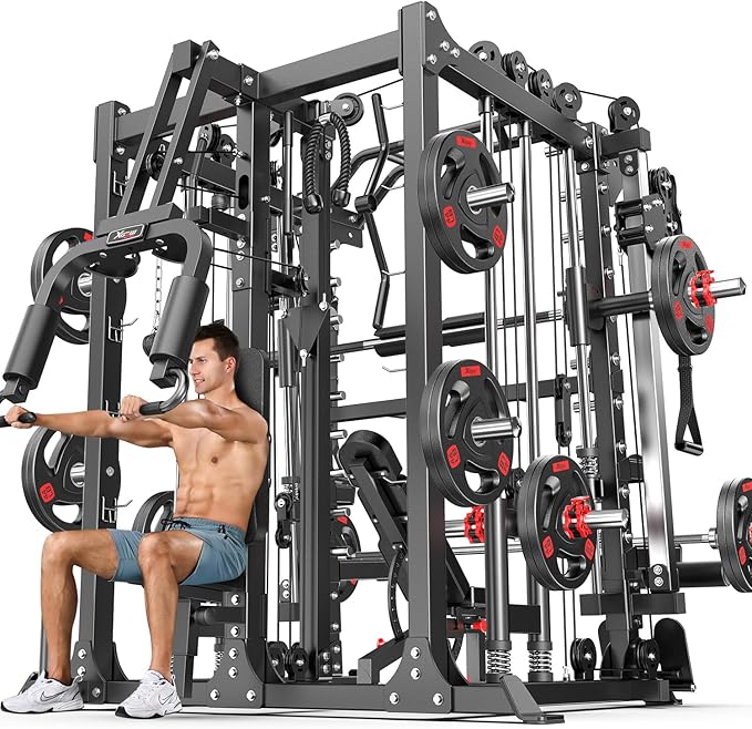 Smith Machine，Multi-Function Squat Rack Power Cage with Cable Crossover System,with Optional Weight Bench, Olympic Barbell Weight Set, for Home Gym