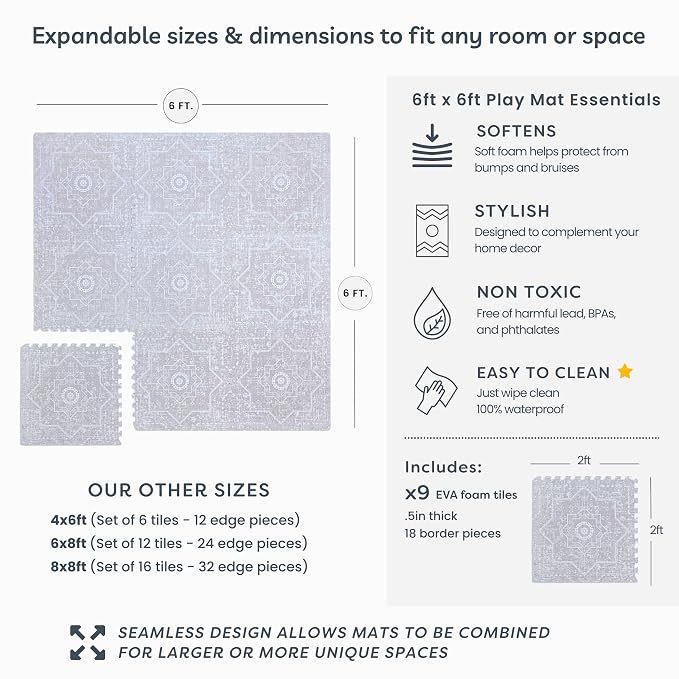 Little Landings Baby Play Mat for Floor - Layla (6x6ft) - Premium EVA Foam Play Mat for Babies & Toddlers (Ages 0-5+) - Non-Toxic Playmat for Tummy Time, Crawling & Playroom - Stylish & Comfortable