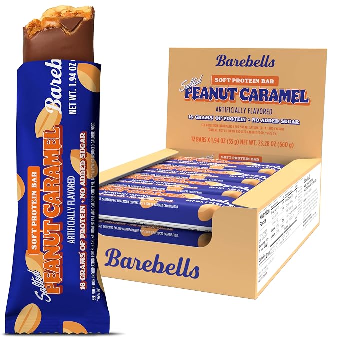 Barebells Soft Protein Bars Salted Peanut Caramel - 12 Bars, Pack of 1-16g High Protein Treats - Chocolate Nutrition Bar with 1g Total Sugars - On The Go Breakfast or Post-Workout Snack