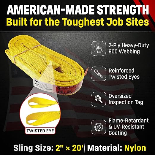DD Sling (USA Made). 2" wide X (4' to 20' lengths) in Listing! 2 Ply Twisted Eye, Nylon Lifting Slings, Eye & Eye, Heavy Duty (900 webbing), 6,400 lbs Vertical, 5,100 Choker, 12,800 Basket Load Capacity (2inX20ft)