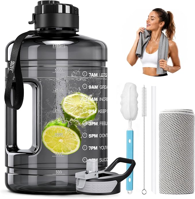 1 Gallon Water Bottle, Water Jug with Time Marker & Straw & Handle,2 Lids | BPA Free,Gallon Water Jug, Half Gallon water Bottle for Sport Gym Camping Workout Outdoors Yoga (Clear Black)