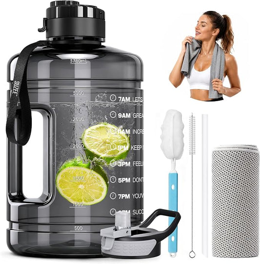 1 Gallon Water Bottle, Water Jug with Time Marker & Straw & Handle,2 Lids | BPA Free,Gallon Water Jug, Half Gallon water Bottle for Sport Gym Camping Workout Outdoors Yoga (Clear Black)