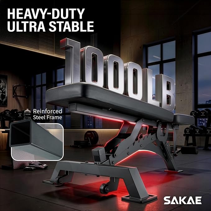 SAKAE Adjustable Weight Bench, 85° to -13° Incline, Decline & Flat Workout Bench for Home Gym, 1000LB Capacity with 9 Backrest Positions, Multi-Position Adjustability Gym Bench for Full Body Workout