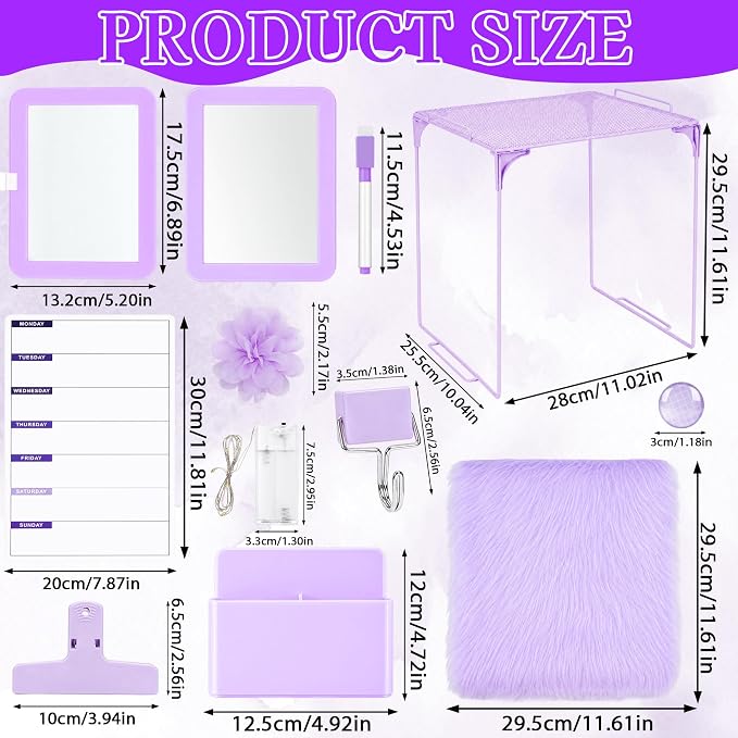 17 PCS Locker Accessories for Girls Locker Decoration Kit with Shelf Magnetic Mirror Whiteboard Pen Holder Rug Wallpaper Lights Lockers Organizer Set for School Dorm Gym Office (Purple)
