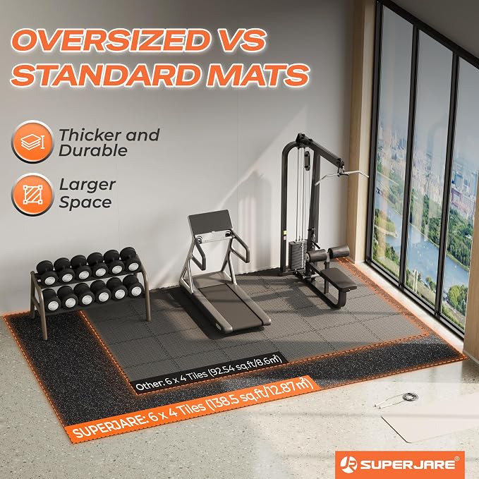 SUPERJARE 30" x 30" Larger Rubber Top Exercise Equipment Mats, 0.56" Thick 24PCS 150 Sq Ft High-Density EVA Foam Interlocking Gym Flooring, Big Workout Mat for Home Gym, Floor Protection, Black/Grey