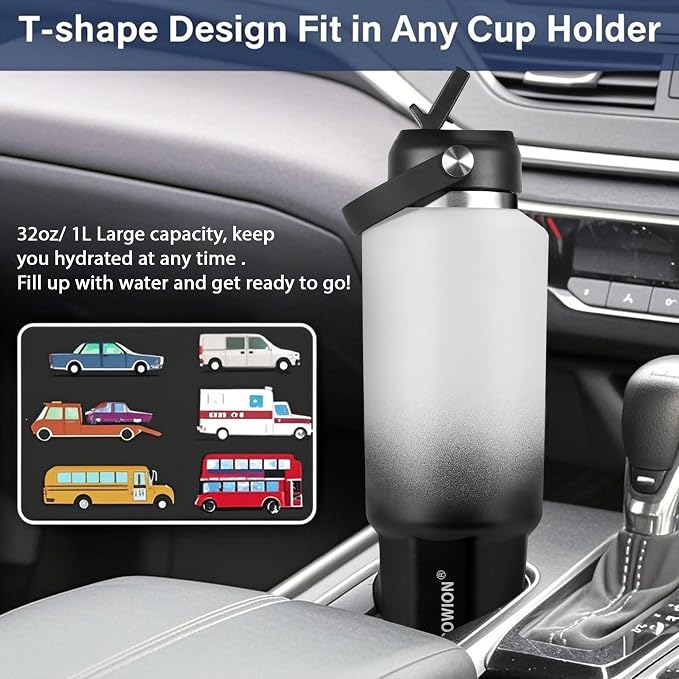 HYDROWION 40 oz Insulated Water Bottle, Car Water Bottle Holder - Double Wall Vacuum Insulated Travel Bottle with Straw Lid, Spout Lid and Flex Cap - Cold for 24H, Hot for 12H, Blue - Panda