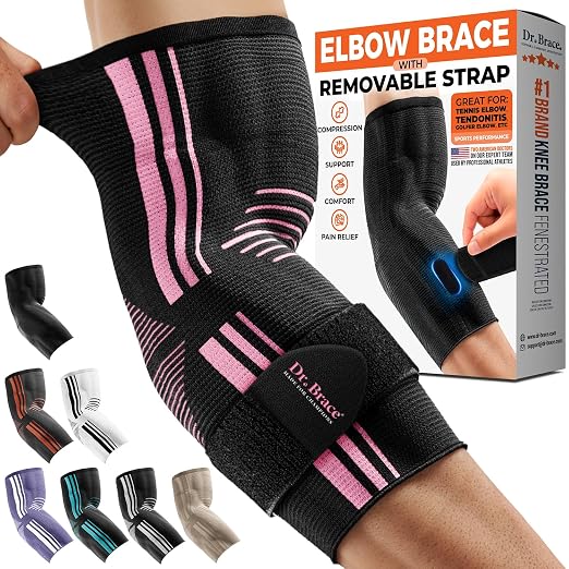 DR. BRACE® Elite Elbow Brace Support with Removable Strap for Women & Men, Pain Relief for Tendonitis, Arthritis, Golfer's & Tennis Elbow Treatment, Elbow Sleeve for Workouts Weightlifting (Black-Pink, Medium)