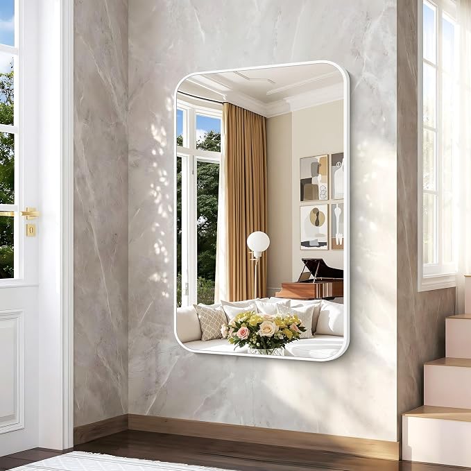 BONEWEI White Bathroom Mirror,55x36 inch Wall Mirror for Bathroom Wall Mounted,Rectangle Mirror for Bathroom Over Sink,Modern Frame Round Corner for Living Room,Bedroom Entryway,Horizontal/Vertical