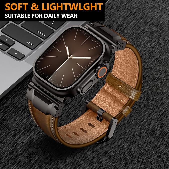 Bands Compatible with Apple Watch Ultra 3/2/1 Band 49/46/45/44mm | Genuine Leather Metal Connector Strap for iWatch Ultra Series 11/10/9/8/7/SE/6/5/4/3/2/1, Retro Walnut/Black