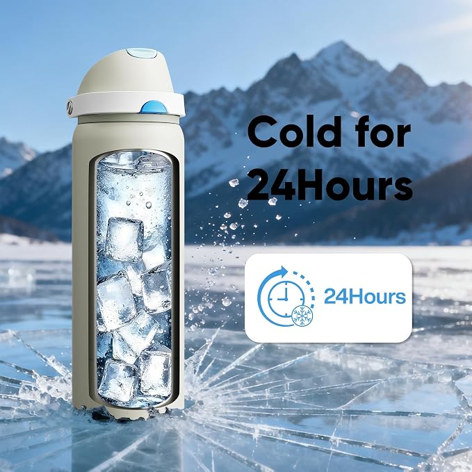 Insulated Water Bottle with Straw - Encool Stainless Steel Water Bottle with Push Button Lid, Leak-Proof & BPA-Free, Keeps Cold for 24 Hours for Sports, Travel, Gym (32 oz, Kangaroo Grey)