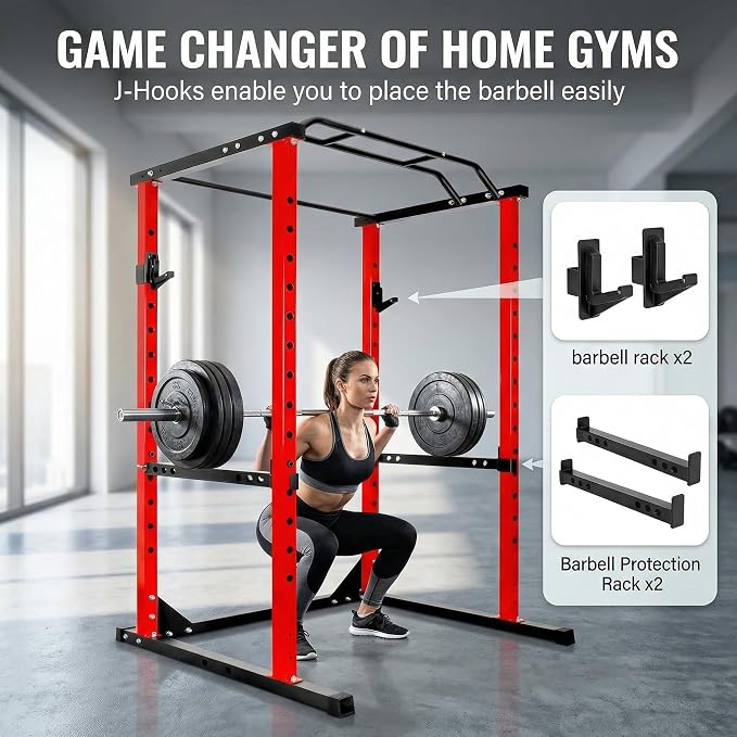 Squat Rack with Protection Arm, 1200 Lbs Capacitys All in One Power Cage, 44.3 x 45.6 x 81.5 Inch, 14.0 sq.ft Footprint Adjustable Fitness Power Gym Cage for Home Gym