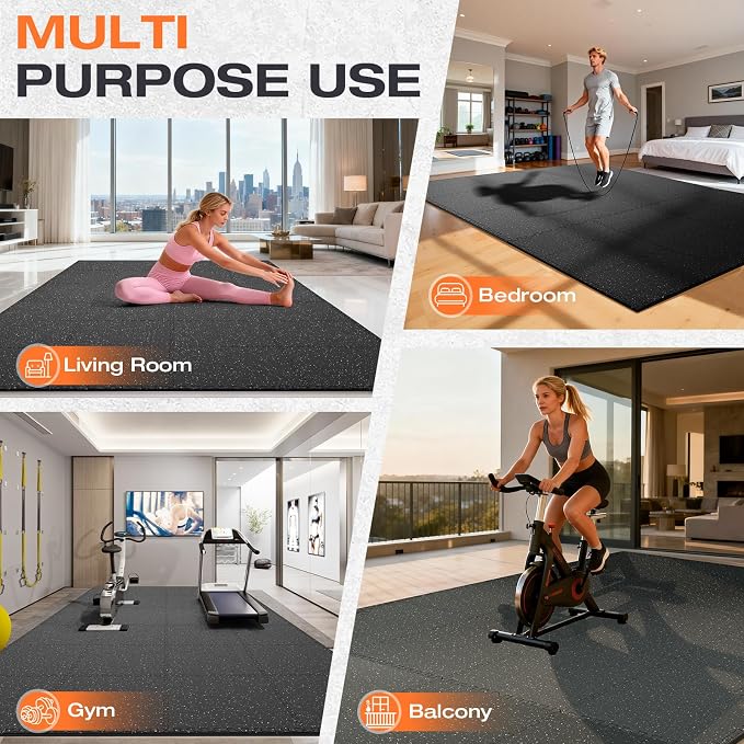 0.4'' Thick 24 Pcs 96 Sq Ft Non-Slip Rubber Top Exercise Equipment Mats, High Density EVA Foam Mats with Rubber Top, Interlocking Puzzle Gym Flooring for Home Gym, Workout Floor Mats, Black