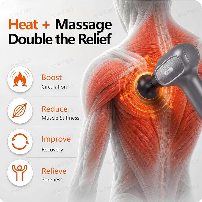 AxBerry Massage Gun, Deep Tissue Percussion Massager with Heat & Detachable Extension Handle, Handheld Muscle Massager for Back, Neck & Shoulders Pain, Portable Massage Gun, Muscle Gun
