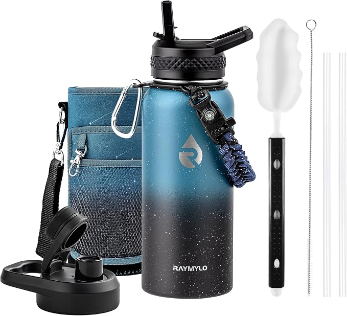 RAYMYLO Insulated Water Bottle 32 oz, Triple Wall Vacuum Stainless Steel | (Cold for 24Hrs, Hot for 12Hrs), Leak Proof & Non-BPA, Modern Water Flask Jug with Paracord Handle & Straw Spout Lids