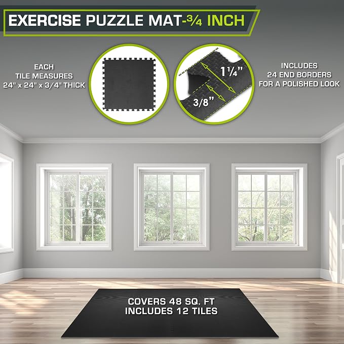 ProsourceFit Weaved Pattern Extra Thick Exercise Puzzle Mat 3/4-inch, EVA Foam Interlocking Tiles for Protective, Cushioned Flooring for Home and Gym Equipment; Black, 48 SQ FT, 12 Tiles