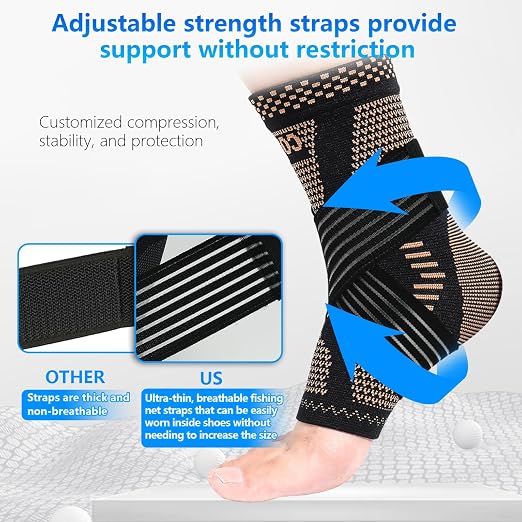 LISEPWU Copper Ankle Brace with Adjustable Compression Bandage, Ankle Support Compression Sleeve for Men & Women, for Foot Pain, Sprained Recovery, Achilles Tendonitis, Sports Protection(Black M)