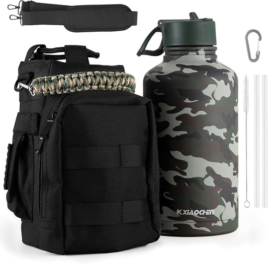 KXIAOCHEN Insulated Water Bottle with Strap, 48-Hour Cold, 2 Lids | Triple-wall insulation, lead-free 18/8 Stainless steel, paracord handle, carabiner clip, for gym, hiking, camping and travel
