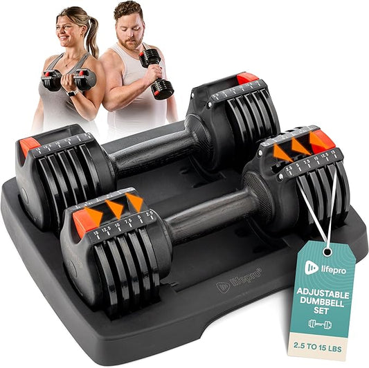 LifePro Adjustable Dumbbells, Single or 2pcs, Up to 55 lbs & 3-in1 option | Quick-change weight system with included rack — available in options from 2.5 to 55 lbs for every fitness level