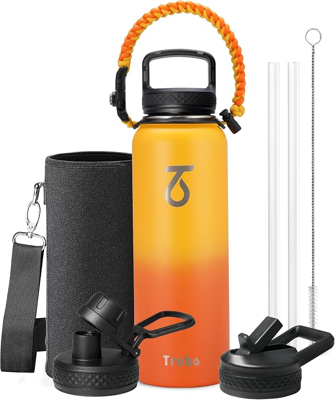 Trebo Water Bottle Insulated 40 oz with 3 Lids, Paracord Handle & Sleeve | Stainless Steel Flask Vacuum, Triple Wall Copper Plated, Dishwasher Safe, Keeps Cold 48Hrs for Hiking, Gym, Wide Mouth