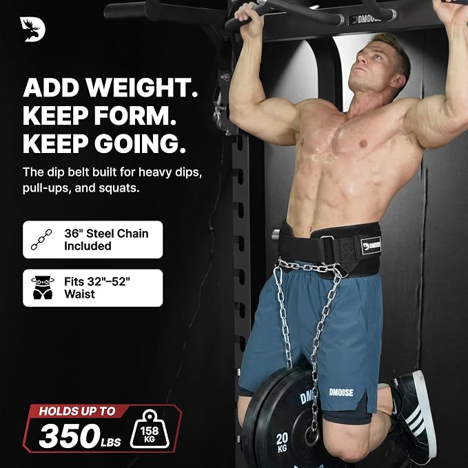 DMoose Fitness Dip Belt for Weight Lifting, Pullup, Squats & Dips - 36" Robust Steel Chain, Comfortable Neoprene Padding Supports 350lbs - Gym Weight Belt for Strength Training Workout & Weightlifting