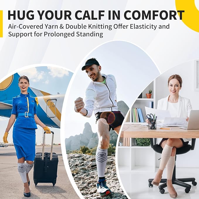 CAMBIVO Calf Compression Sleeve for Men Women Footless | Graduated Compression, Shin Splint Relief, Moisture Wicking, Running Standing Travel, 4D Knit Anti-Slip, Varicose Veins