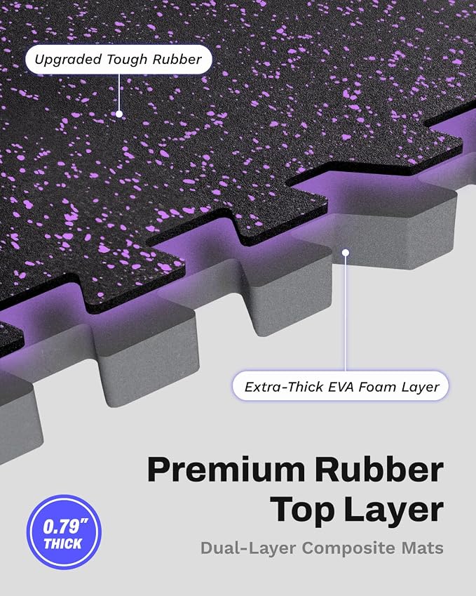 AIRHOP 0.79'' Extra-Thick 72 Sq Ft Rubber Top Gym Flooring for Home Gym | 18 Tiles, High Density EVA Foam, Waterproof & Non-Slip Rubber, Interlocking Puzzle Mats, Heavy Duty Floor Protection, 24"x24"