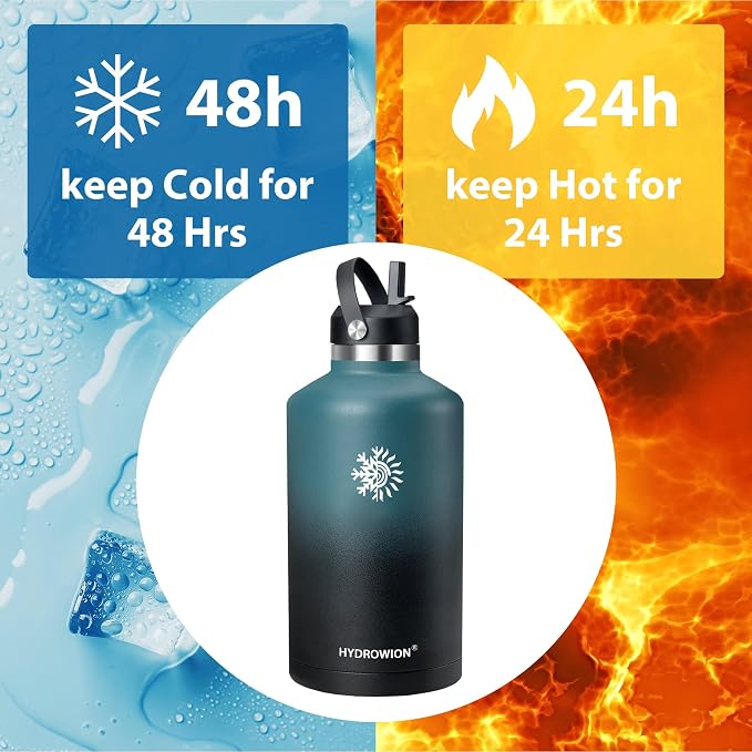 64oz Insulated Water Bottle, Triple Wall Vacuum Stainless Steel Bottle, 48H Cold & 24H Hot, Leak-Proof BPA-F Jug with Straw & Spout Lids for Sports & Outdoor