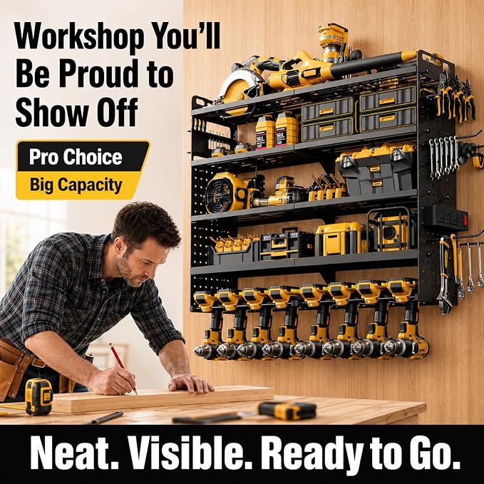 5-Tier Power Tool Organizer Wall Mount, 4-Outlet Charging Station, Garage Storage Rack with 8 Drill Holders, 34" Heavy Duty Metal Utility Shelf, Holds Over 30 Tools for Garage Workshop