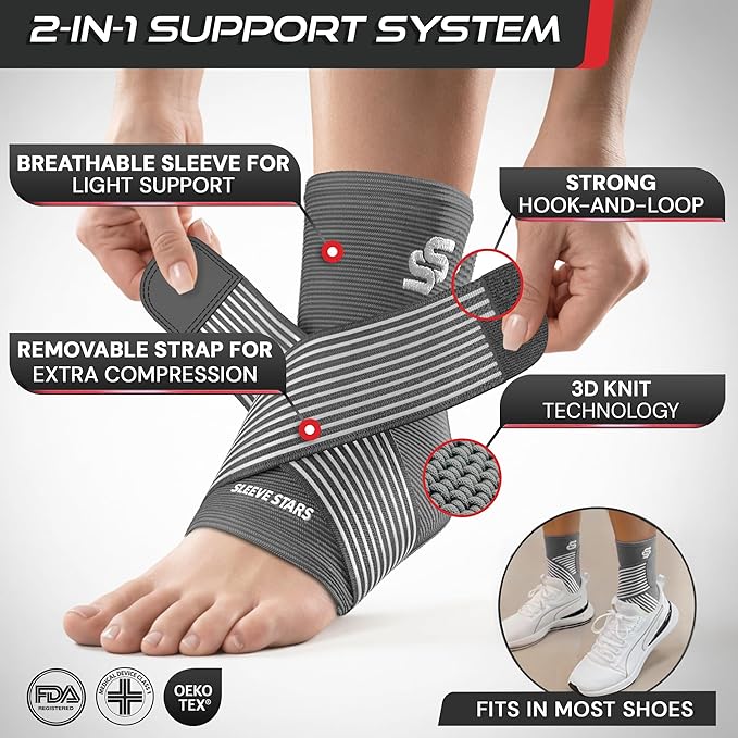 Sleeve Stars Ankle Brace for Women & Men, Ankle Wrap for Sprain, Compression Sleeve for Plantar Fasciitis Relief, Easy Customizable Support: w/ Removable Strap (Pair/M:10"-12"/Grey)