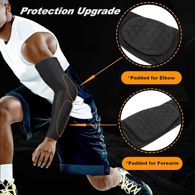 GUOZI Padded Arm Sleeves 2 Pack Elbow Forearm Pads for Football Volleyball | Honeycomb Crashproof Padding With Compression Fit Provides Impact Protection For Youth Adult Basketball Baseball Soccer et.