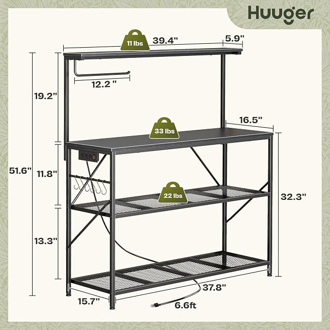 Huuger 4-Tier Bakers Rack with Reversible Power Outlet, 39.4 Inch Microwave Stand, Kitchen Coffee Bar, with Top Shelf, 6 S Hooks, Black