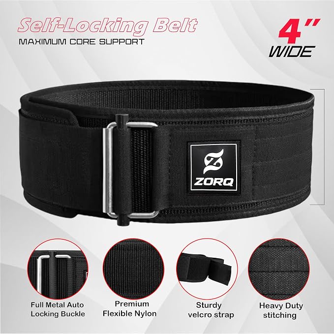 ZORQ Self-Locking Weight Lifting Belt - 4 Inch Wide Quick-Locking Gym Belt for Men & Women - Professional Weightlifting Belt for Olympic Lifting, CrossFit, Squats & Deadlifts - Back Support
