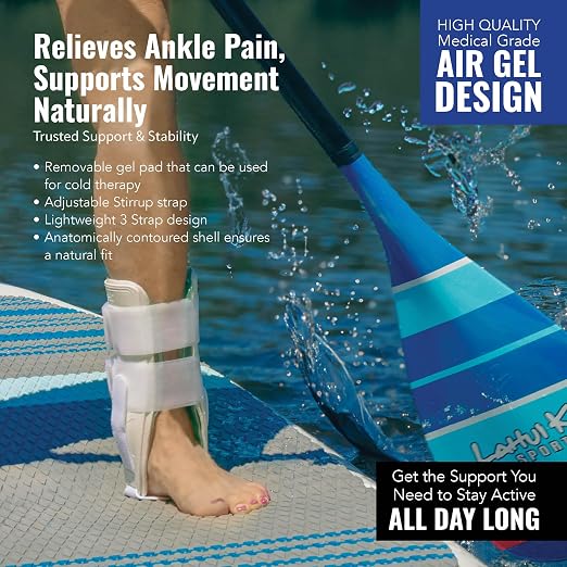 AnklePro Air Cushion Stirrup Ankle Stabilizer Brace - Removable Cold Therapy 3-Strap Rigid Stirrup Ankle Splint w/Gel Pad for Women & Men - Lateral Support for Stability, White, Trainer