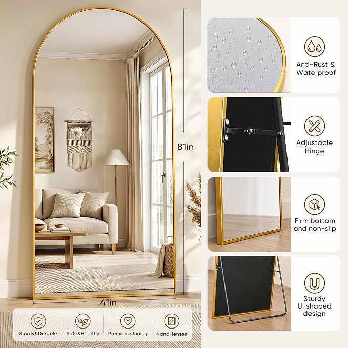 Full Length Mirror, 41"x81" Arched Floor Mirror Freestanding, Floor Standing Full Body Mirror with Stand for Bedroom, Hanging Mounted for Living Room Cloakroom, Gold