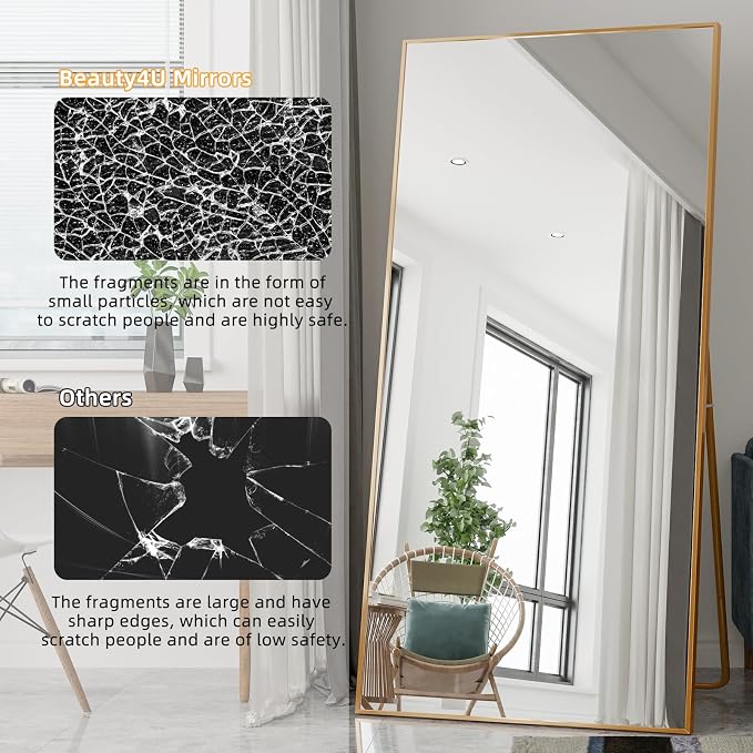 Beauty4U 79" x 39" Full Length Mirror with Stand, Gold Large Floor Mirror | Standing, Leaning, or Wall-Mounted Tempered Glass Full Body Mirror with Metal Frame for Bedroom, Closet, Modern Home Decor