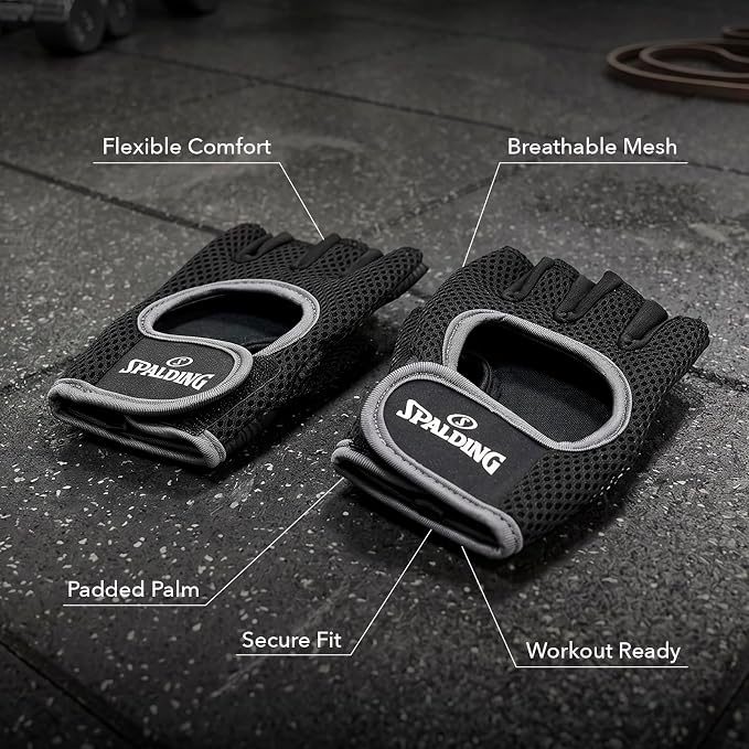 Spalding - Gym Gloves, Mesh Workout Gloves with Foam Padded Palm for Grip, Lightweight & Breathable, One Size Fitness Training Gloves for Weightlifting Exercise
