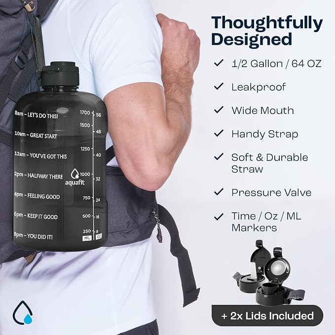 AQUAFIT Half Gallon Water Bottle with Time Marker - Straw & Chug Lid - BPA Free Gym Water Bottle with Straw - Big Gallon Jug (Clarity, 64 oz - 2 Lids) | BPA Free 64 oz Water Bottle with Straw and Chug Lids - Leakproof Gym Water Bottle with Carry Handle...