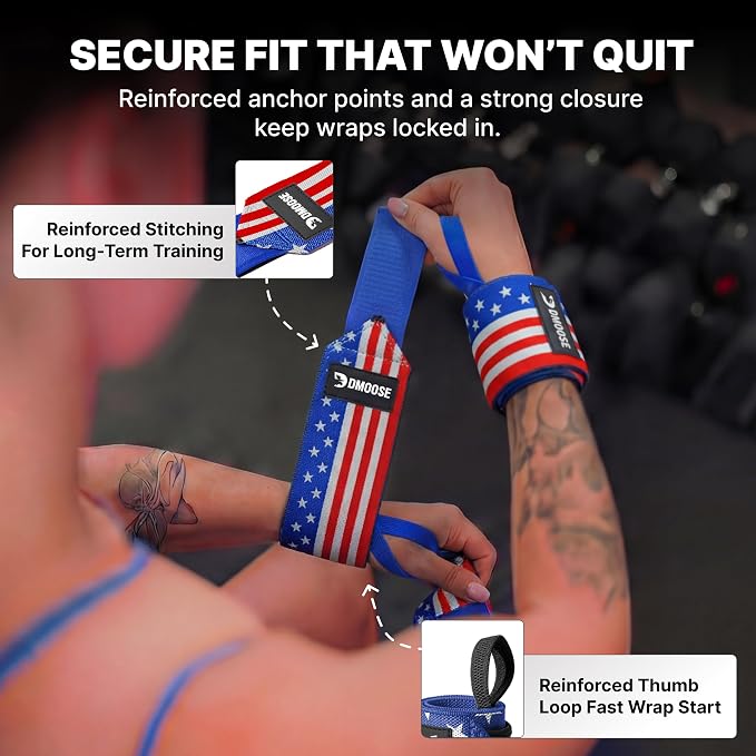 DMoose Fitness Wrist Wraps for Weightlifting 18" - Heavy Duty Gym Wrap with Hand Thumb Loop for Support & Pain Relief, USPA Approved Powerlifting, Weight Lifting Wrist Straps for Men & Women Work Out